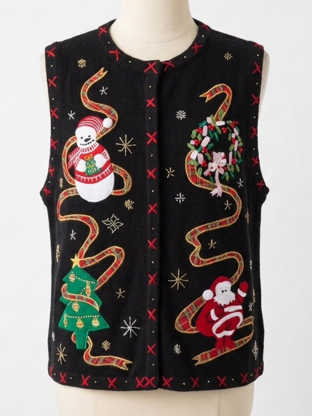All Points Vtg Y2K Sweater Vest Christmas Embroidered Snowman Santa Knit Size L